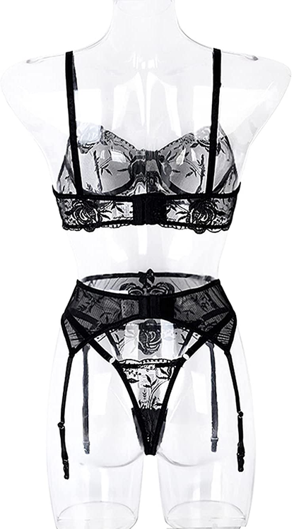 Kaei&Shi Floral Embroidered Mesh Sheer,Underwire Satin Bow,High Cut Thong,Belt Garter Lingerie Apparel & Accessories > Clothing > Underwear & Socks > Lingerie Kaei&Shi   