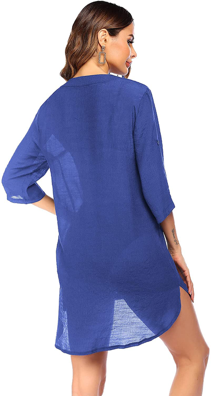 Ekouaer Women'S Cover up Shirt V-Neck Swimsuit Beach Bikini Beachwear Button down Bathing Suit S-3XL Apparel & Accessories > Clothing > Swimwear Kylie Max   