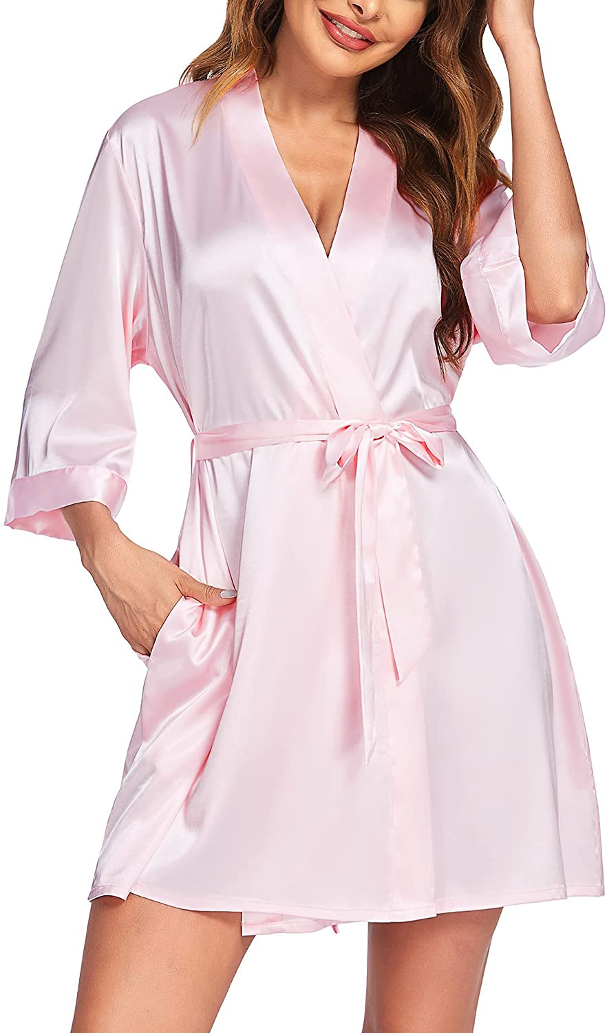 Ekouaer Women Satin Kimono Robes Sexy Silky Bathrobe Lace V-Neck Bridesmaid Bride Party Robe Soft Sleepwear with Pocket Apparel & Accessories > Clothing > Sleepwear & Loungewear > Robes Ekouaer   