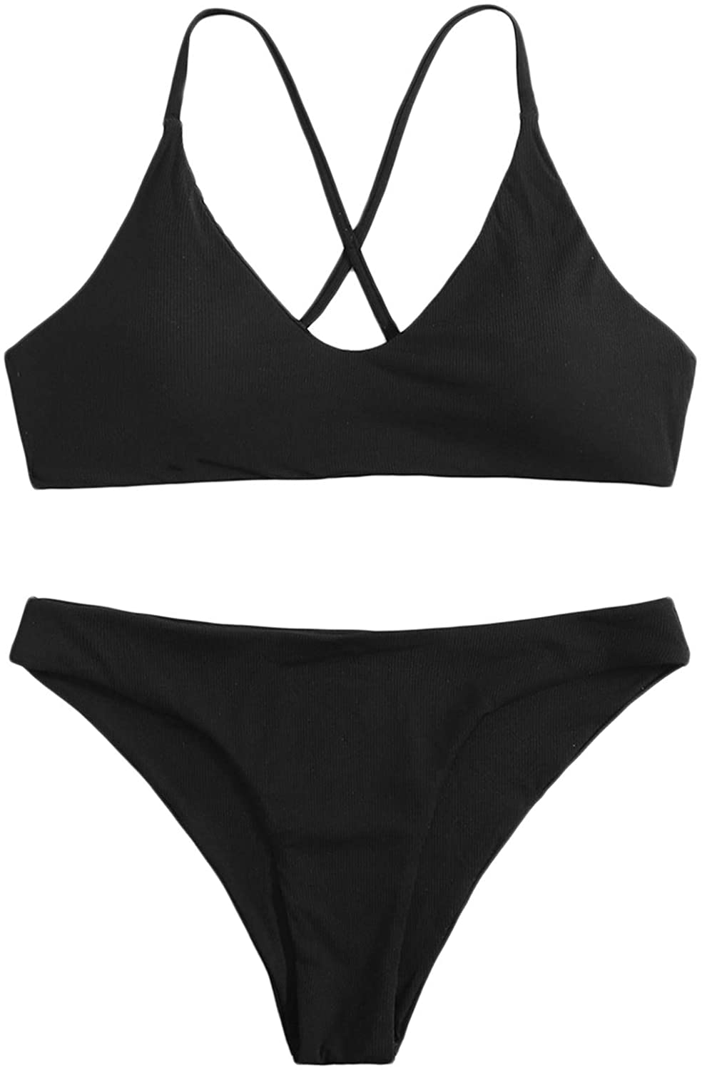 SweatyRocks Women's Bathing Suits Spaghetti Strap Criss Cross Back Bikini Ribbed Swimsuit Apparel & Accessories > Clothing > Swimwear SweatyRocks Black Large 