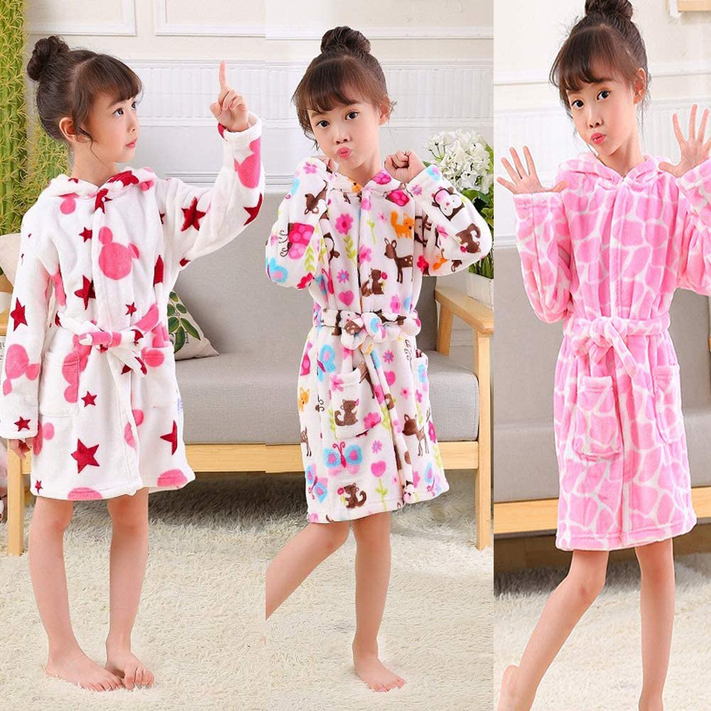 Girls Robes, Plush Soft Coral Fleece Animal Print Hooded Bathrobe for Kids Boys Apparel & Accessories > Clothing > Sleepwear & Loungewear > Robes Kylie Max   