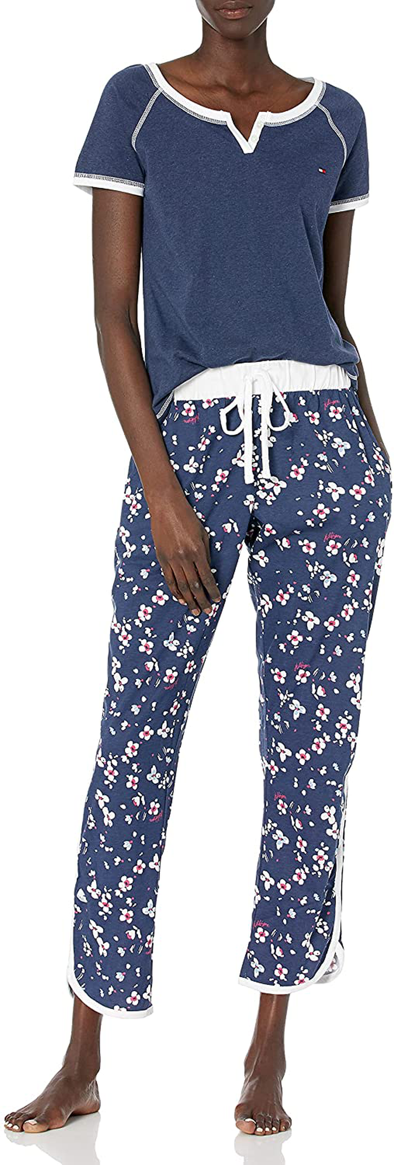 Tommy Hilfiger Women's Short Sleeve Tshirt and Logo Pant Lounge Bottom Pajama Set Pj Apparel & Accessories > Clothing > Sleepwear & Loungewear > Pajamas Tommy Hilfiger Navy Blazer Heather Wild May Flower Medium 