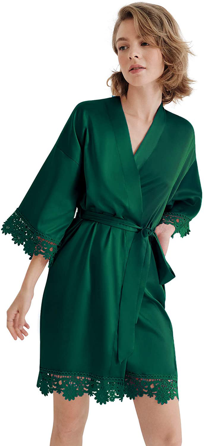 SIORO Women'S Satin Robe Lace Silk Kimono Robes Short for Bridesmaid Wedding Party Nightgown, Small~X-Large Apparel & Accessories > Clothing > Sleepwear & Loungewear > Robes KYLIE MAX Forest X-Large 