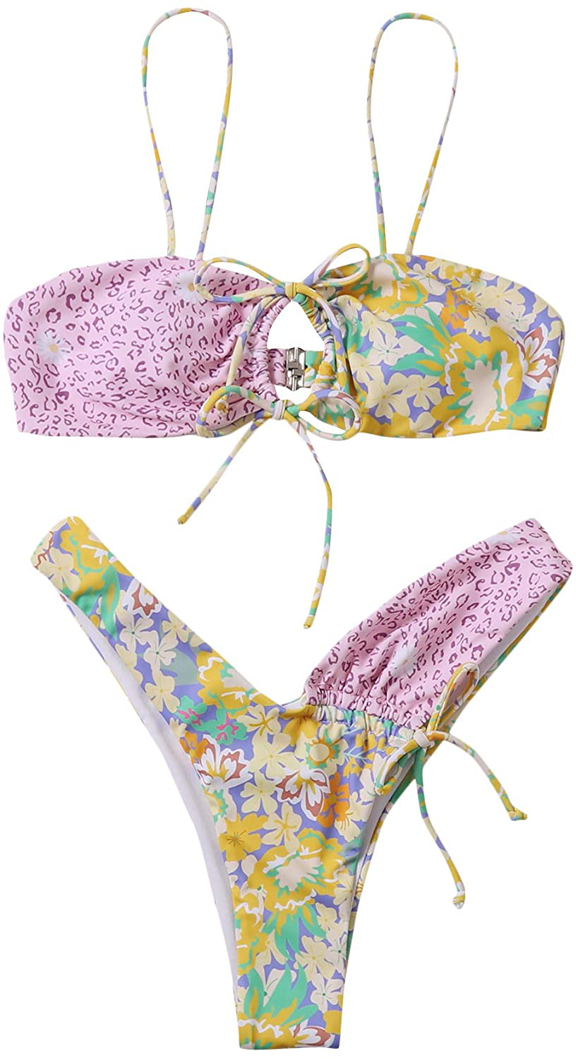 SOLY HUX Women's Floral Print Tie Front Bikini Bathing Suit 2 Piece Swimsuits Apparel & Accessories > Clothing > Swimwear KYLIE MAX Multicoloured Small 