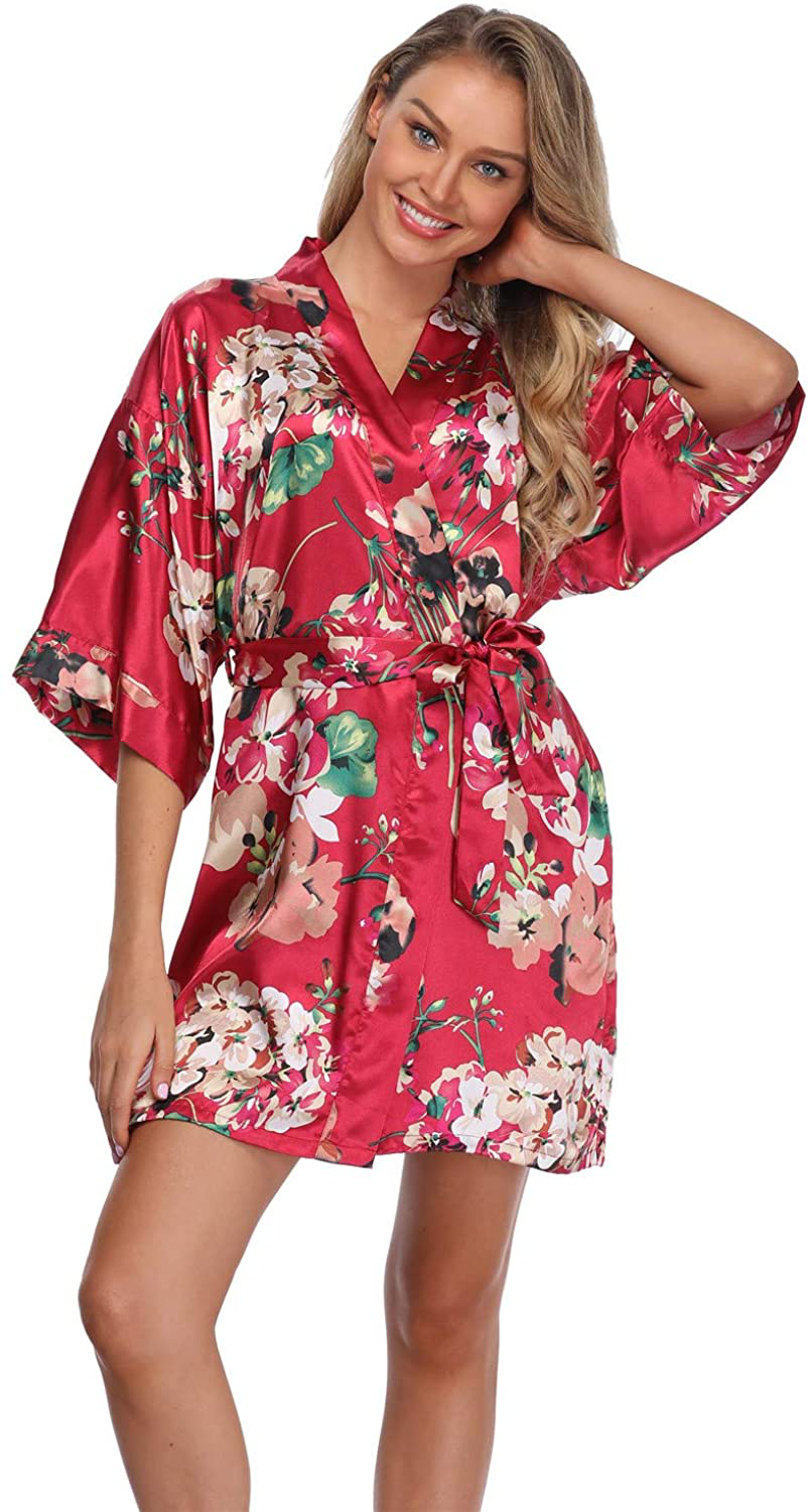 Women'S Floral Satin Kimono Robes Short Bridesmaid Robes for Wedding Party Apparel & Accessories > Clothing > Sleepwear & Loungewear > Robes Super Shopping-zone Red X-Large 