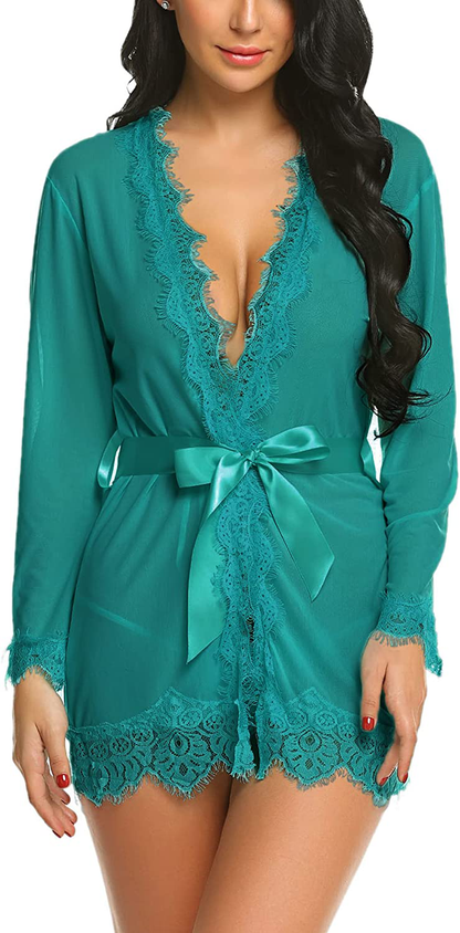 Avidlove Sexy Lace Robe Kimono Mesh Nightgown Babydoll Lingerie Set Apparel & Accessories > Clothing > Sleepwear & Loungewear > Robes Avidlove Dark Green 3X-Large 