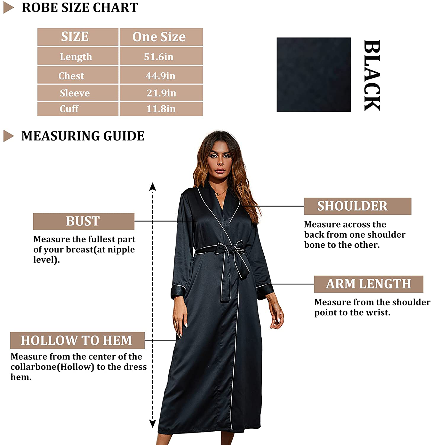 Long Black Silk Robe, Womens Satin Bathrobe, Kimono Style Robe, Long Sleeve Bath Robe Sets for Women, Silky Bridesmaid Robe (Black), One Size Apparel & Accessories > Clothing > Sleepwear & Loungewear > Robes U/D   