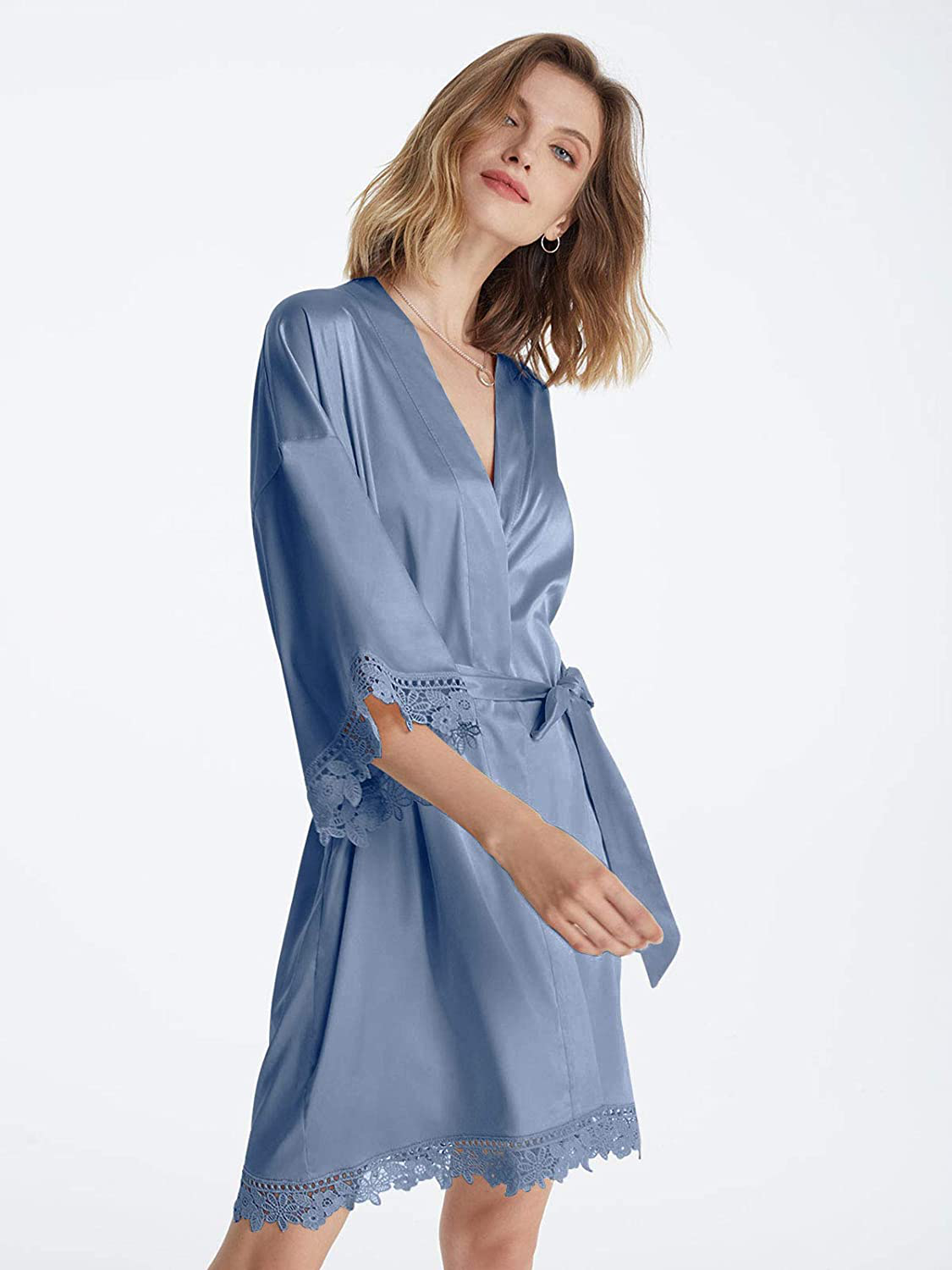 AW BRIDAL Women'S Lace Trim Silk Robe Satin Robe for Bridal Robe Bride Robe Bridesmaids Robes Wedding Nightgown, S-XL Apparel & Accessories > Clothing > Sleepwear & Loungewear > Robes AW BRIDAL   