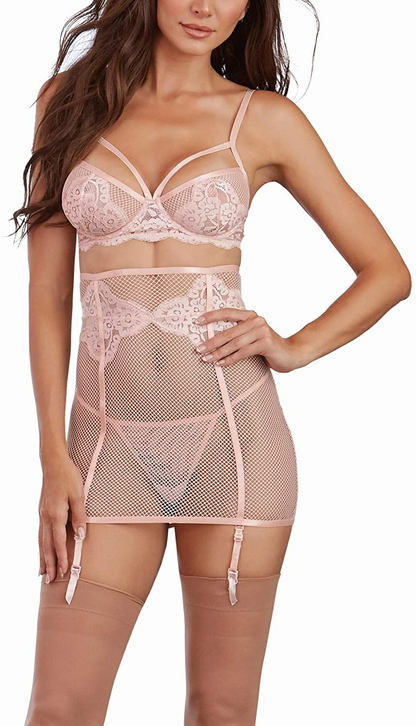 Dreamgirl Womens 3 Piece Set: Fishnet and Lace Bra, Garter Skirt and G-String Apparel & Accessories > Clothing > Underwear & Socks > Lingerie Dreamgirl   