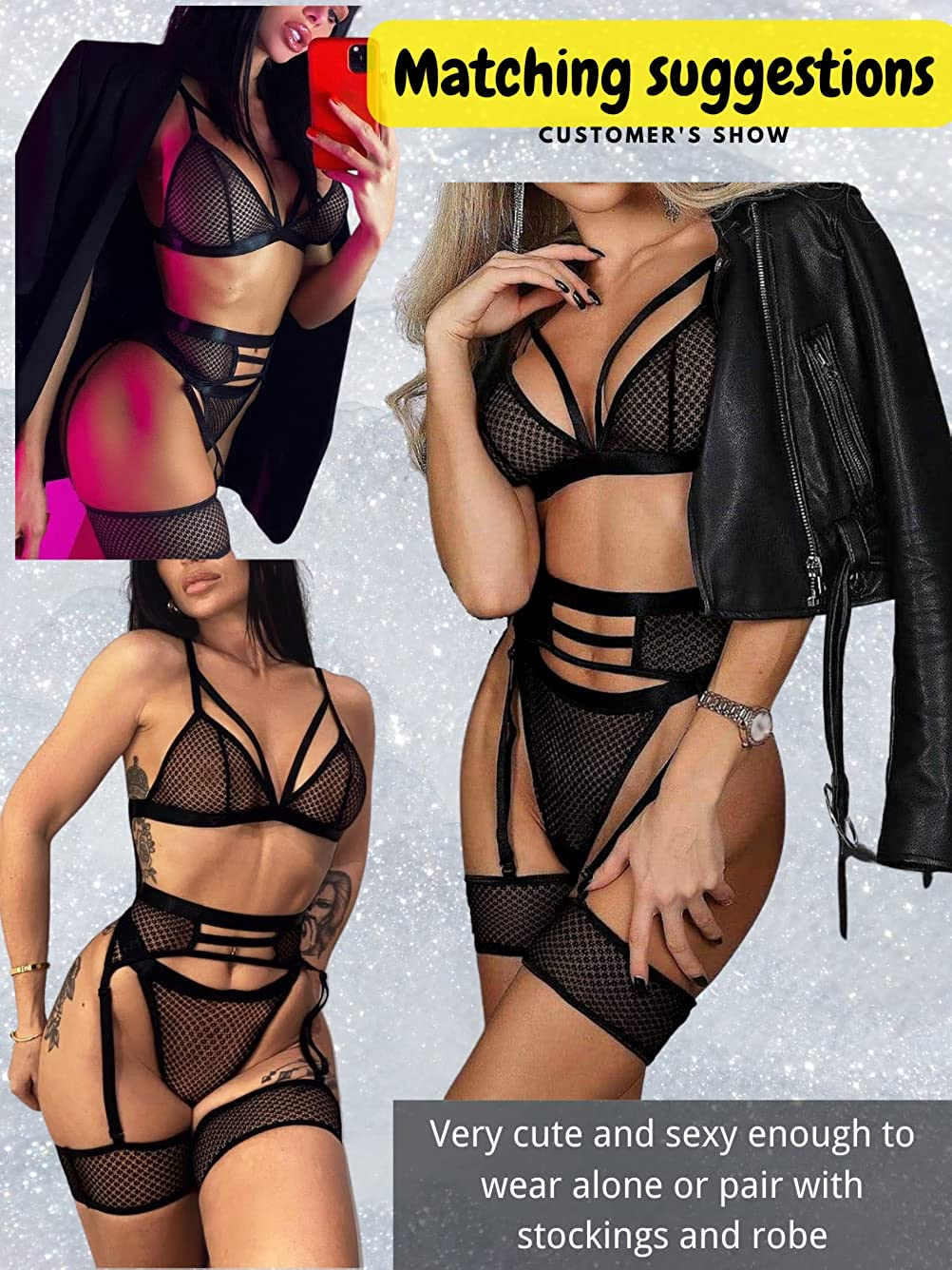 Kaei&Shi 4 Piece,Strappy Triangle Bralette,Thong,Thigh Bands,Garter Lingerie Set Apparel & Accessories > Clothing > Underwear & Socks > Lingerie Kaei&Shi   