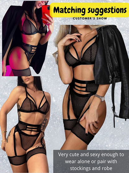 Kaei&Shi 4 Piece,Strappy Triangle Bralette,Thong,Thigh Bands,Garter Lingerie Set Apparel & Accessories > Clothing > Underwear & Socks > Lingerie Kaei&Shi   