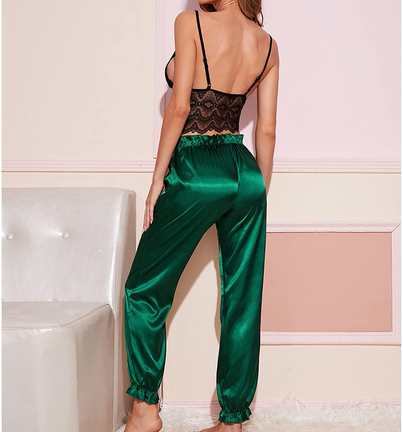 Women Pajama Set Sexy Lingerie Sling Bra Vest Trousers Two-Piece Suit Satin Sleepwear Cami Shorts Set Nightwear Apparel & Accessories > Clothing > Sleepwear & Loungewear Kylie Max   