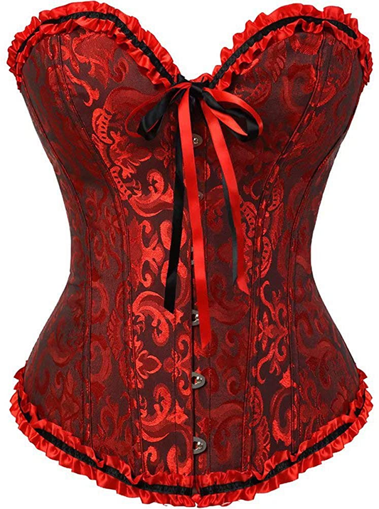 Women'S Lacing Corset Top Satin Floral Boned Overbust Body Shaper Bustier Apparel & Accessories > Clothing > Underwear & Socks > Lingerie SHYMMUO Black-red X-Large 