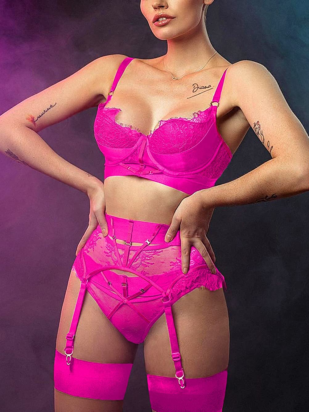 Kaei&Shi Floral Lace Patchwork,Underwire,Cutout,4 Piece,Garter Lingerie for Women Apparel & Accessories > Clothing > Underwear & Socks > Lingerie Kaei&Shi   