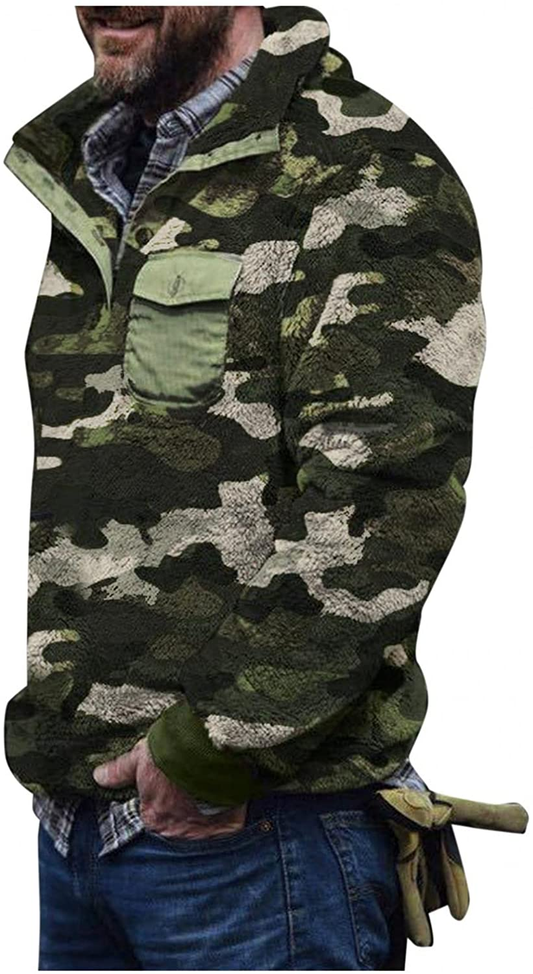 Merthy Mens Warm Camo Plush Henely Shirts Sherpa Fleece Jackets Long Sleeve Stand Collar Thermal Stylish Printed Outwear Apparel & Accessories > Clothing > Underwear & Socks > Shapewear Merthy Army Green 3X-Large 