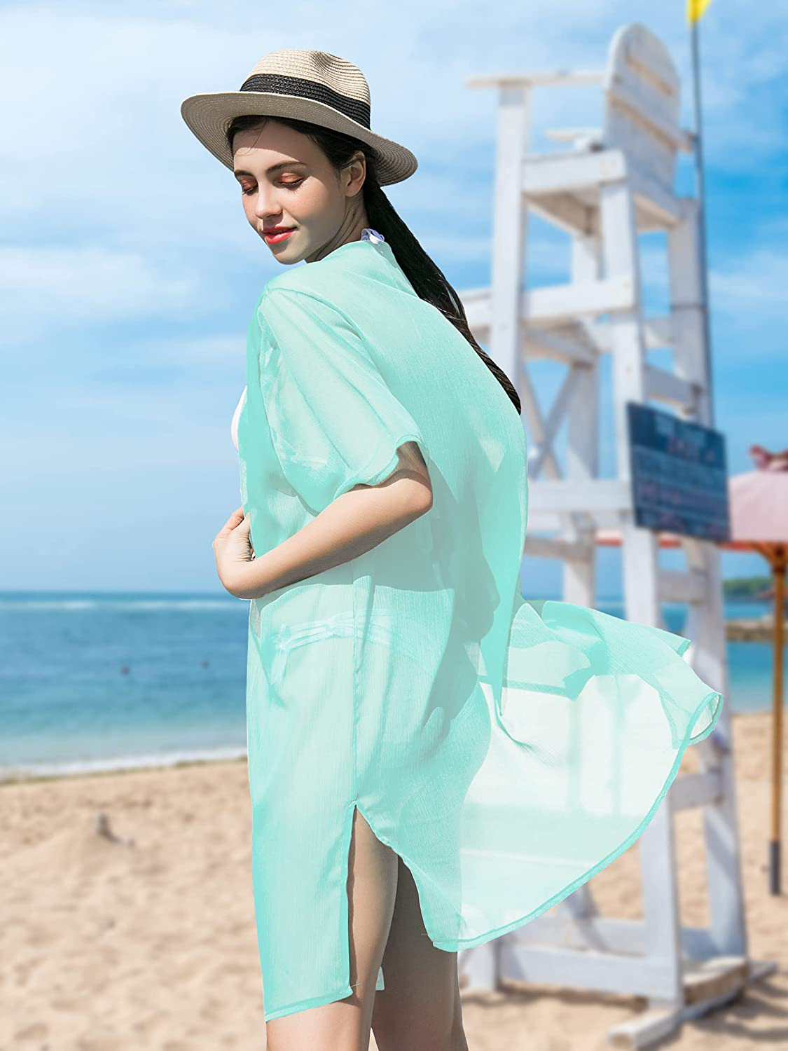 LA CARRIE Women'S Chiffon Kimono Cardigan Cover up with Half Sleeve Summer Sheer Beachwear Swimsuit for Bikini Apparel & Accessories > Clothing > Swimwear Kylie Max   