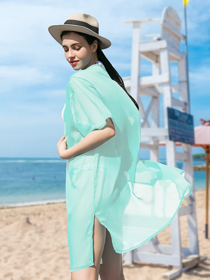 LA CARRIE Women'S Chiffon Kimono Cardigan Cover up with Half Sleeve Summer Sheer Beachwear Swimsuit for Bikini Apparel & Accessories > Clothing > Swimwear Kylie Max   