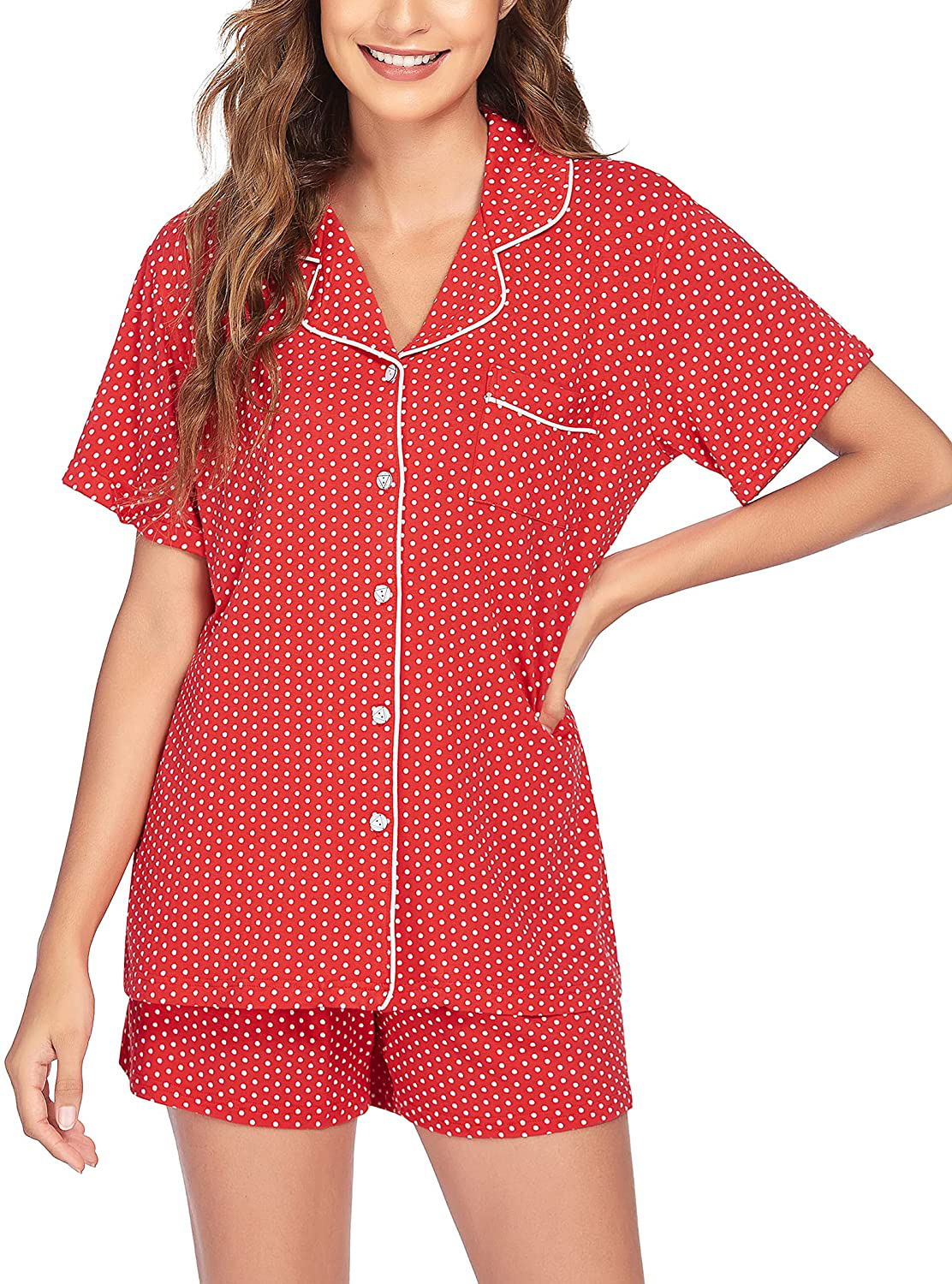 Ekouaer Pajamas Set Short Sleeve Sleepwear Womens Button Down Nightwear Soft Pj Lounge Sets XS-XXL Apparel & Accessories > Clothing > Sleepwear & Loungewear > Pajamas Ekouaer Pat22-red With White Dot Medium 