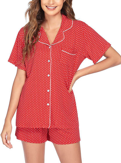 Ekouaer Pajamas Set Short Sleeve Sleepwear Womens Button Down Nightwear Soft Pj Lounge Sets XS-XXL Apparel & Accessories > Clothing > Sleepwear & Loungewear > Pajamas Ekouaer Pat22-red With White Dot Medium 