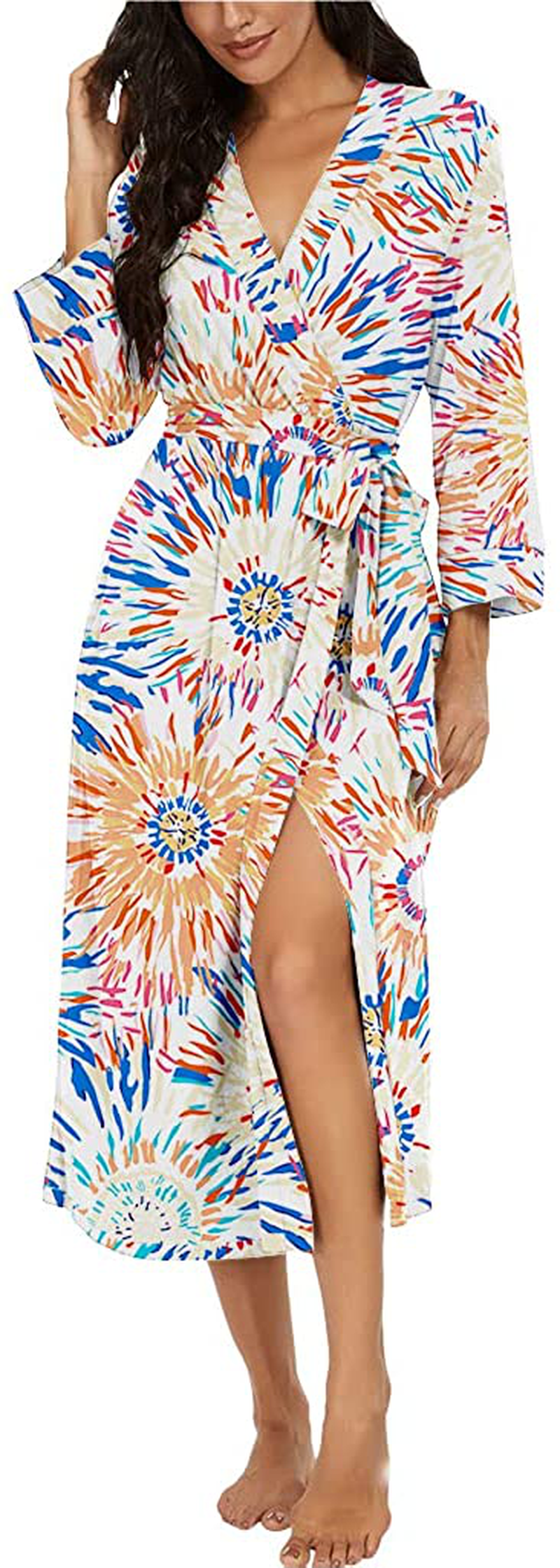 VINTATRE Women Kimono Robes Long Knit Bathrobe Lightweight Soft Knit Sleepwear V-Neck Casual Ladies Loungewear Apparel & Accessories > Clothing > Sleepwear & Loungewear > Robes VINTATRE Colorful Fireworks Large 