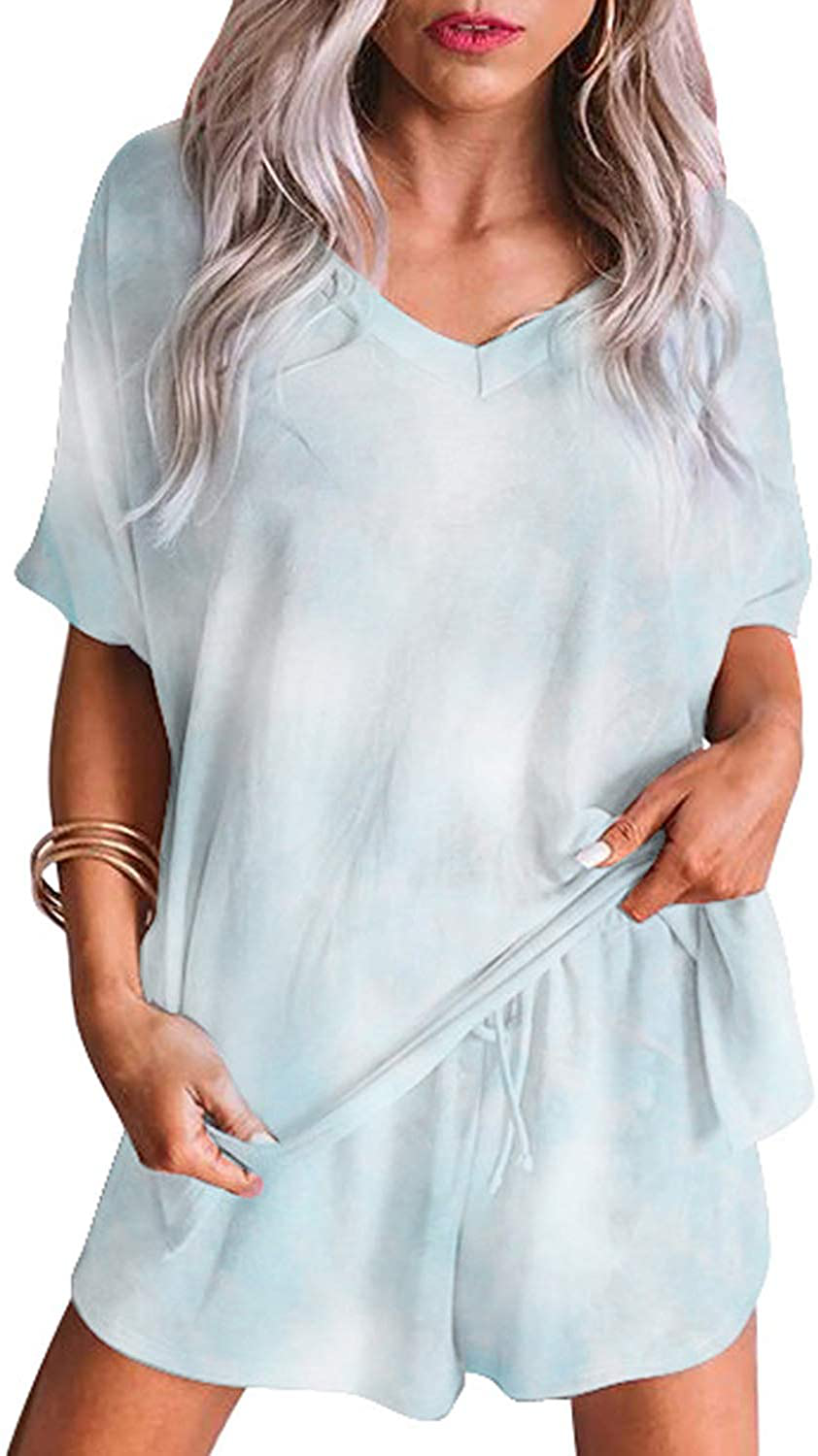 luvamia Women Tie Dye Pajama Sets Long Sleeve Tops and Pants PJ Sets Joggers Loungewear Sleepwear Apparel & Accessories > Clothing > Sleepwear & Loungewear > Pajamas KYLIE MAX Short Set-v Neck Blue Small 
