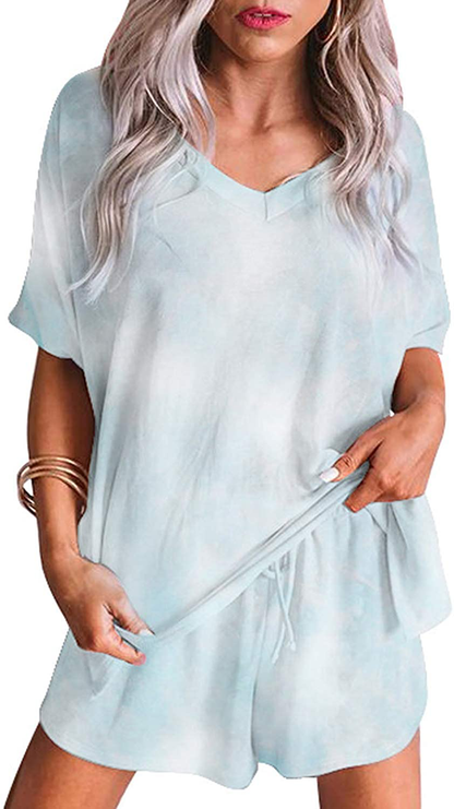 luvamia Women Tie Dye Pajama Sets Long Sleeve Tops and Pants PJ Sets Joggers Loungewear Sleepwear Apparel & Accessories > Clothing > Sleepwear & Loungewear > Pajamas KYLIE MAX Short Set-v Neck Blue Small 