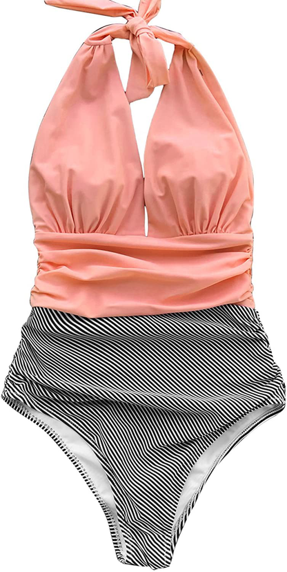 CUPSHE Women'S One Piece Swimsuit Halter Plunge Neck Ruched Tummy Control Bathing Suits Apparel & Accessories > Clothing > Swimwear Kylie Max   