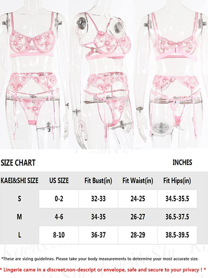 Kaei&Shi Floral Embroidered,Underwire,Cutout Back,G-String,Garter Lingerie Set Apparel & Accessories > Clothing > Underwear & Socks > Lingerie Kaei&Shi   