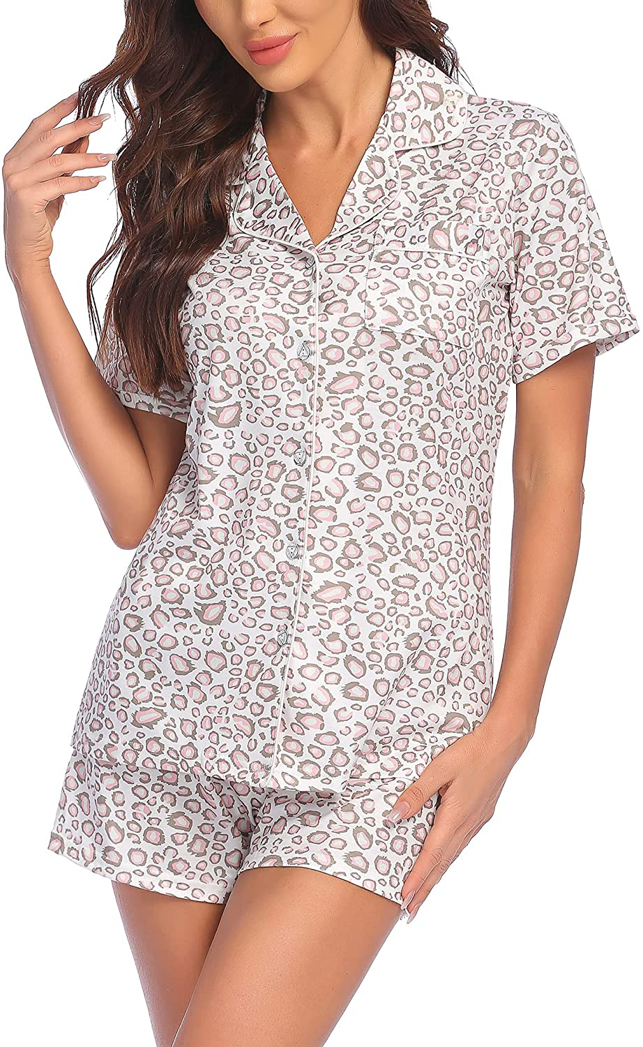 Ekouaer Pajamas Set Short Sleeve Sleepwear Womens Button Down Nightwear Soft Pj Lounge Sets XS-XXL Apparel & Accessories > Clothing > Sleepwear & Loungewear > Pajamas Ekouaer Pat21-pink Leopard Medium 