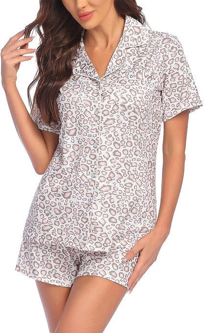 Ekouaer Pajamas Set Short Sleeve Sleepwear Womens Button Down Nightwear Soft Pj Lounge Sets XS-XXL Apparel & Accessories > Clothing > Sleepwear & Loungewear > Pajamas Ekouaer Pat21-pink Leopard Medium 