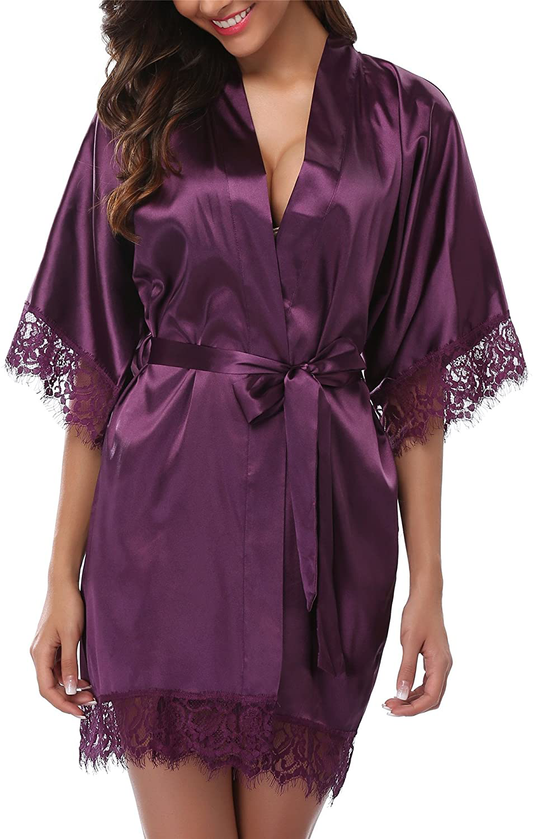 Giova Women'S Lace Trim Kimono Robe Bride Bridesmaids Wedding Shower Satin Short Robe Apparel & Accessories > Clothing > Sleepwear & Loungewear > Robes Giova   