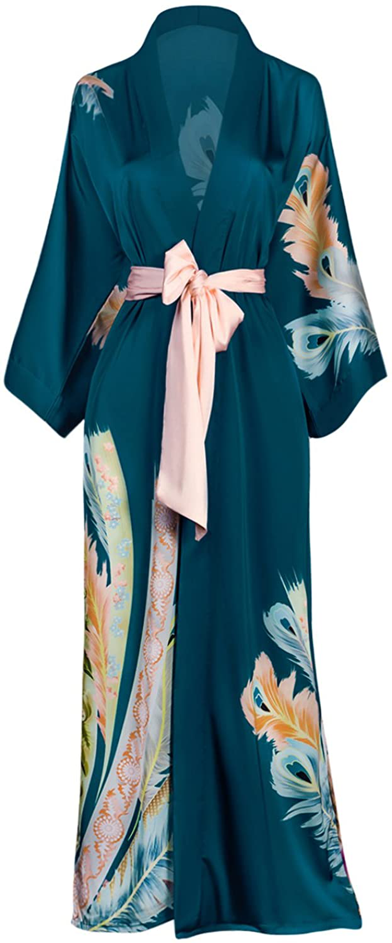 Women'S Charmeuse Kimono Robe Long - Watercolor Floral Apparel & Accessories > Clothing > Sleepwear & Loungewear > Robes OLDSHANGHAI Peacock Feather- Teal  
