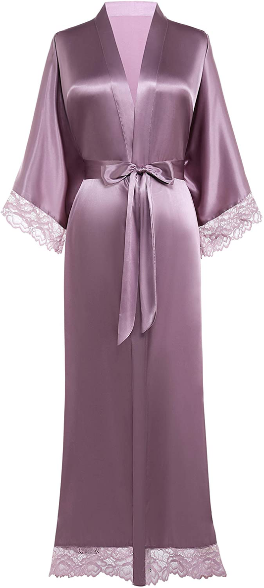 BABEYOND Satin Kimono Robe Long Bridesmaid Wedding Bath Robe with Lace Trim Apparel & Accessories > Clothing > Sleepwear & Loungewear > Robes KYLIE MAX Light Purple One Size Plus 