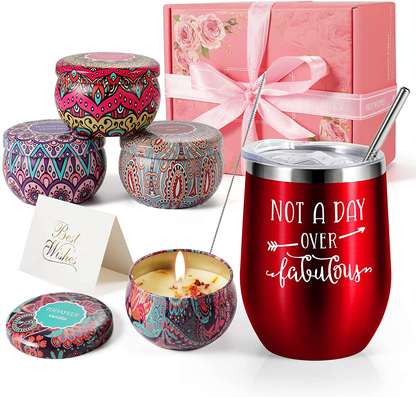 Birthday Gifts for Women - Insulated Wine Tumbler Rose Gold and Candles 4 Pack Gift Bath Set Gifts for Women - Stainless Steel Wine Tumbler with Lid - Best Relaxing Spa Gift Box Basket Present Arts & Entertainment > Party & Celebration > Gift Giving TODAYEER Red  