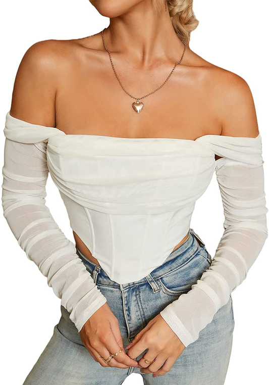 Mesh Sheer Long Sleeve Corset Crop Top Ruched off Shoulder Blouse Push up Party Boned Bustier for Cute Women Trendy Apparel & Accessories > Clothing > Underwear & Socks > Lingerie Parthea Beige 0-2 