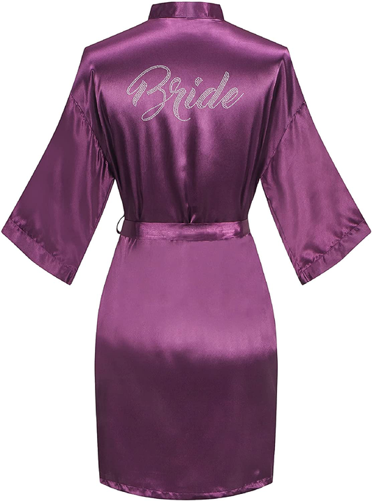 Sunshinemall Women'S Satin Kimono Robes with Rhinestones Bride Bridesmaid Short Sleepwear Wedding Dressing Gown Apparel & Accessories > Clothing > Sleepwear & Loungewear > Robes sunshinemall   