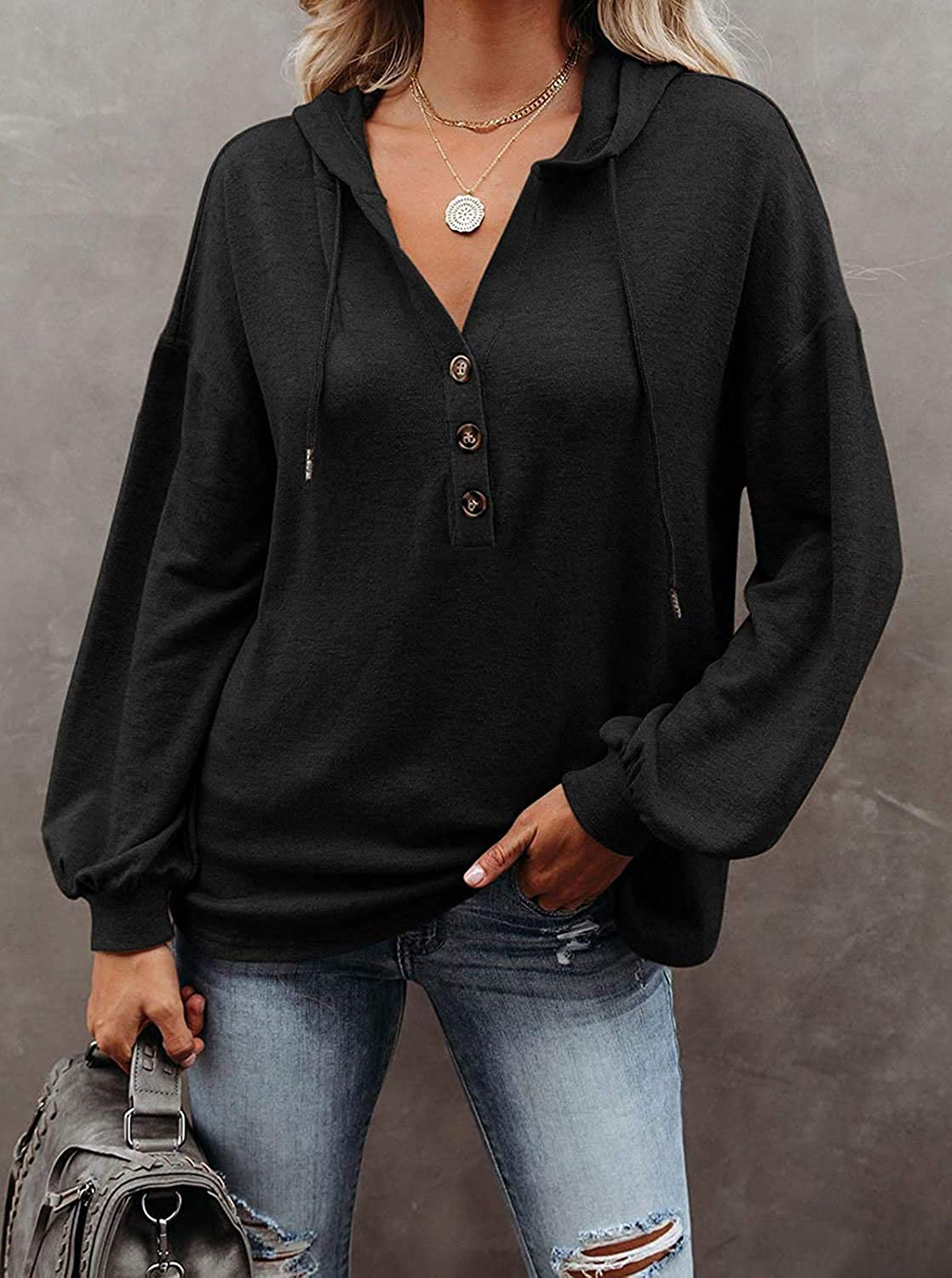 REVETRO Womens V Neck Long Sleeve Henley Shirts Button down Sweatshirts Hoodies Tunic Tops with Drawstring Apparel & Accessories > Clothing > Activewear Kylie Max   