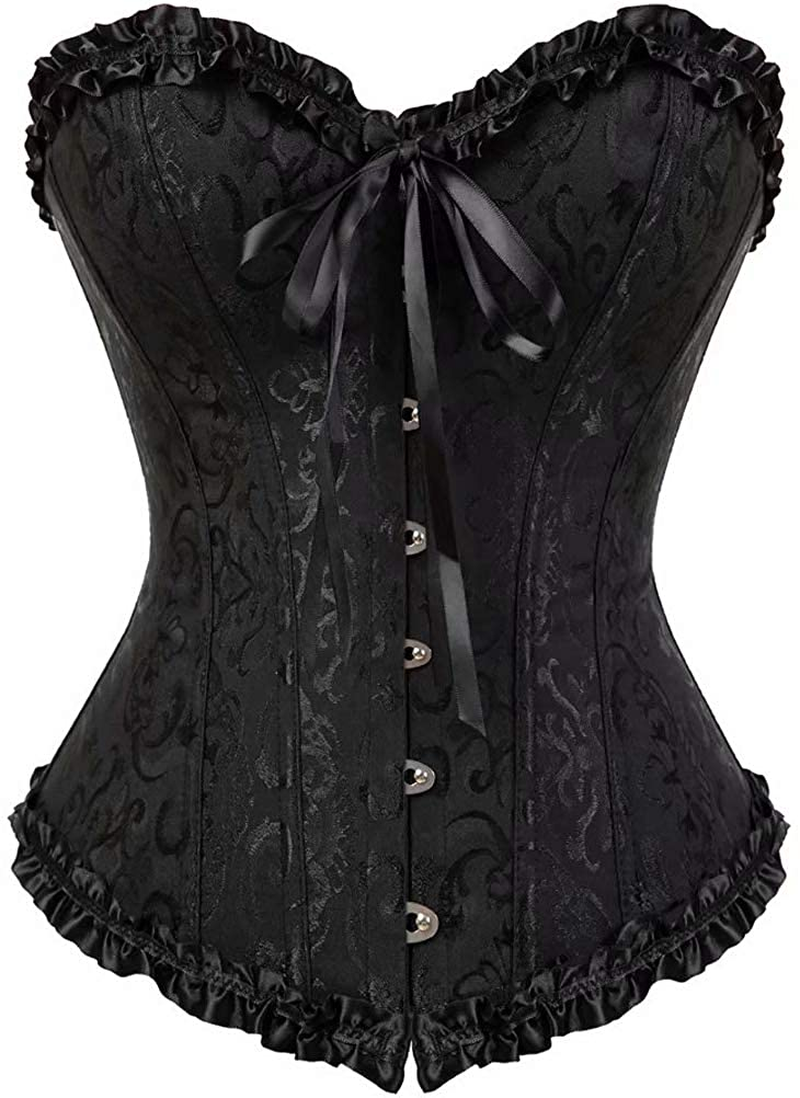 Women'S Lacing Corset Top Satin Floral Boned Overbust Body Shaper Bustier Apparel & Accessories > Clothing > Underwear & Socks > Lingerie SHYMMUO Black X-Large 