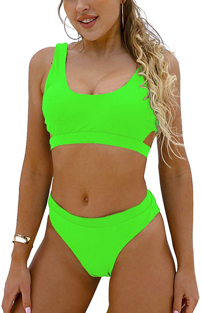 Blooming Jelly Women's High Waisted Swimsuit Crop Top Cut Out Two Piece Cheeky High Rise Bathing Suit Bikini Apparel & Accessories > Clothing > Swimwear Blooming Jelly Fluorescent Green X-Large 