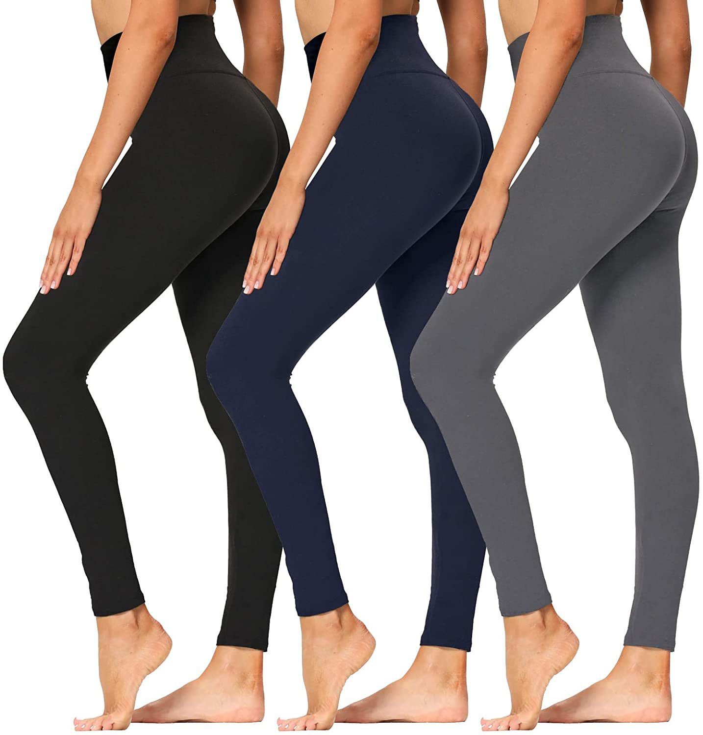 High Waisted Leggings for Women - Soft Athletic Tummy Control Pants for Running Cycling Yoga Workout - Reg & Plus Size Apparel & Accessories > Clothing > Activewear syrinx 3 Pack Black, Dark Grey, Navy Blue Small-Medium 