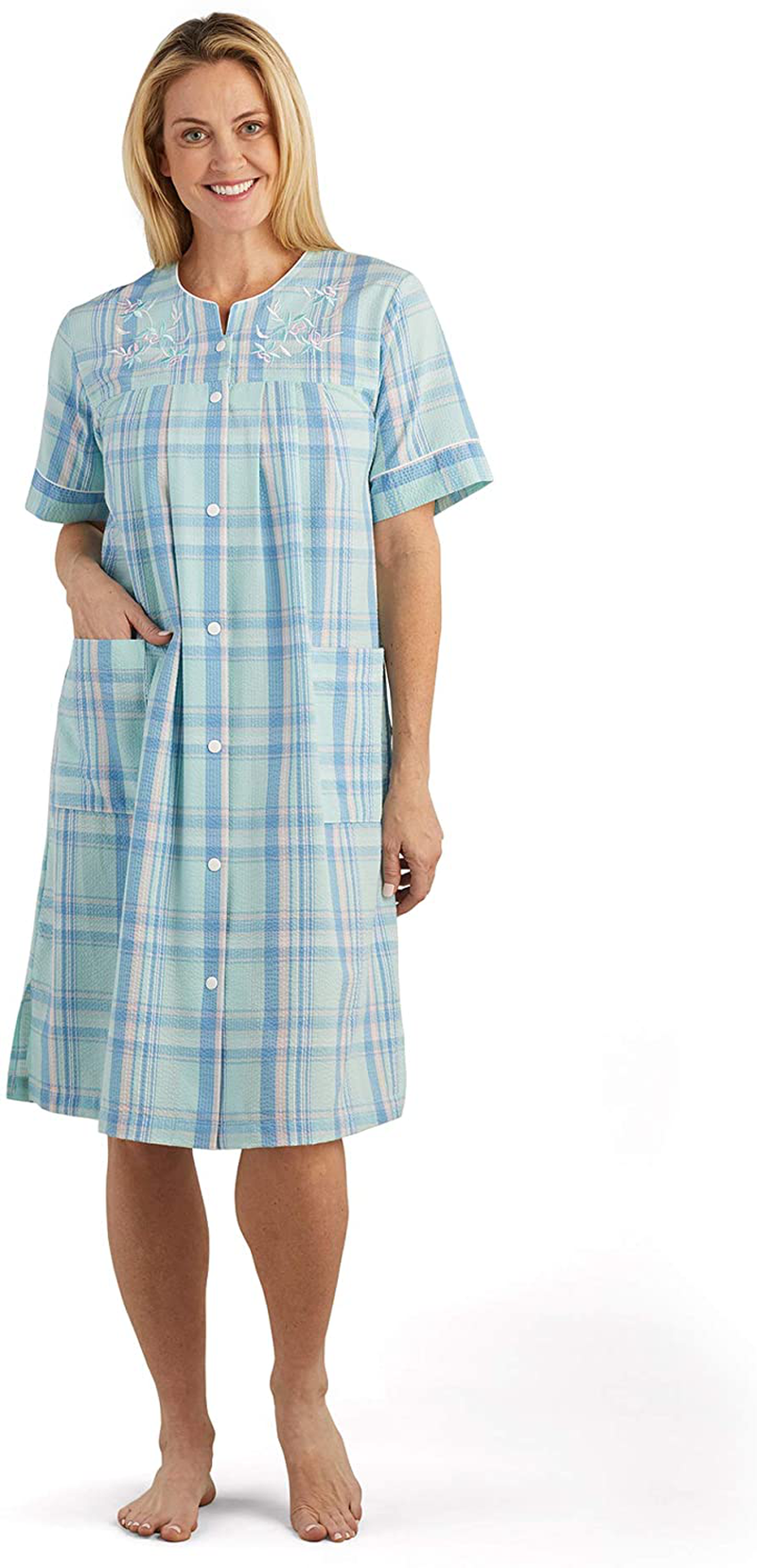Miss Elaine Robe - Women'S Short Seersucker Robe, Snap Front and Short Sleeves, Two Front Pockets, Sleepwear and Loungewear Apparel & Accessories > Clothing > Sleepwear & Loungewear > Robes Miss Elaine Aqua/Blue Plaid Medium 