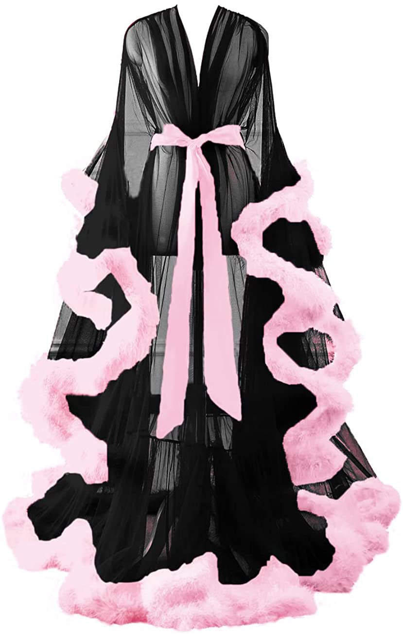 Changuan Sexy Illusion Long Lingerie Robe Nightgown Bathrobe Sleepwear Feather Bridal Robe Wedding Scarf Apparel & Accessories > Clothing > Sleepwear & Loungewear > Robes Changuan Black+pink 3X-Large 