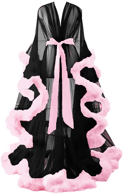 Changuan Sexy Illusion Long Lingerie Robe Nightgown Bathrobe Sleepwear Feather Bridal Robe Wedding Scarf Apparel & Accessories > Clothing > Sleepwear & Loungewear > Robes Changuan Black+pink 3X-Large 