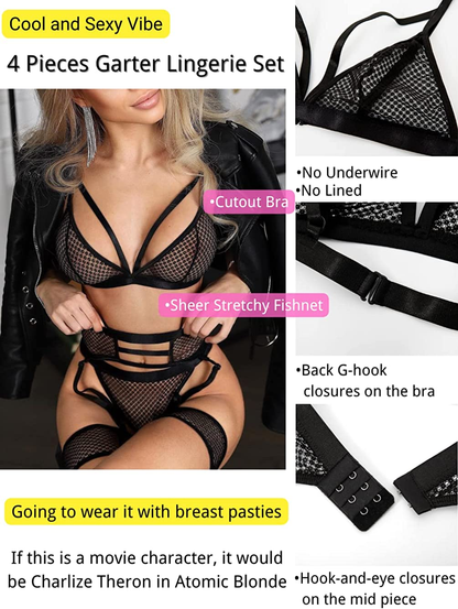 Kaei&Shi 4 Piece,Strappy Triangle Bralette,Thong,Thigh Bands,Garter Lingerie Set Apparel & Accessories > Clothing > Underwear & Socks > Lingerie Kaei&Shi   
