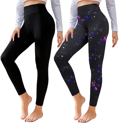 CTHH 2 Pack Leggings for Women-High Waisted Tummy Control Workout Running Black Yoga Pants Apparel & Accessories > Clothing > Activewear CTHH F-2pack(black,galaxy) Small-Medium 