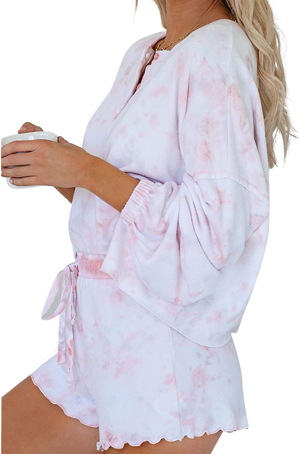 Century Star Women Pajamas Tie Dye Print Long Sleeve Shirt Elastic Drawstring Shorts 2 Piece Set Sleepwear Loungewear Apparel & Accessories > Clothing > Sleepwear & Loungewear > Pajamas Kylie Max   