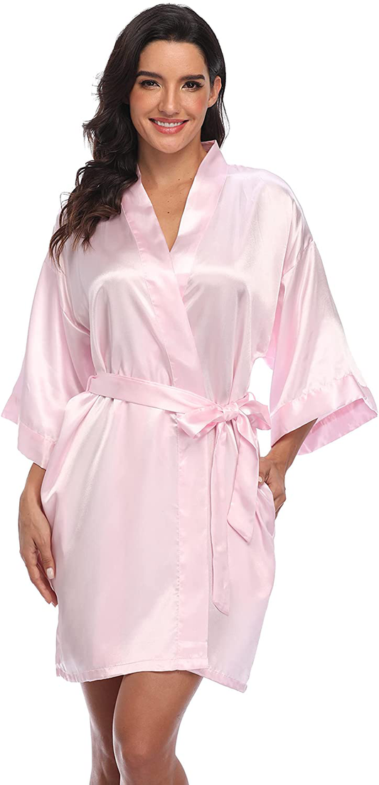 Kotii Women Silk Satin Short Bathrobes V-Neck Pure Color Sleepwear Wedding Bridesmaid Bride Party Robe S-2XL Apparel & Accessories > Clothing > Sleepwear & Loungewear > Robes Kotii Pink Medium 