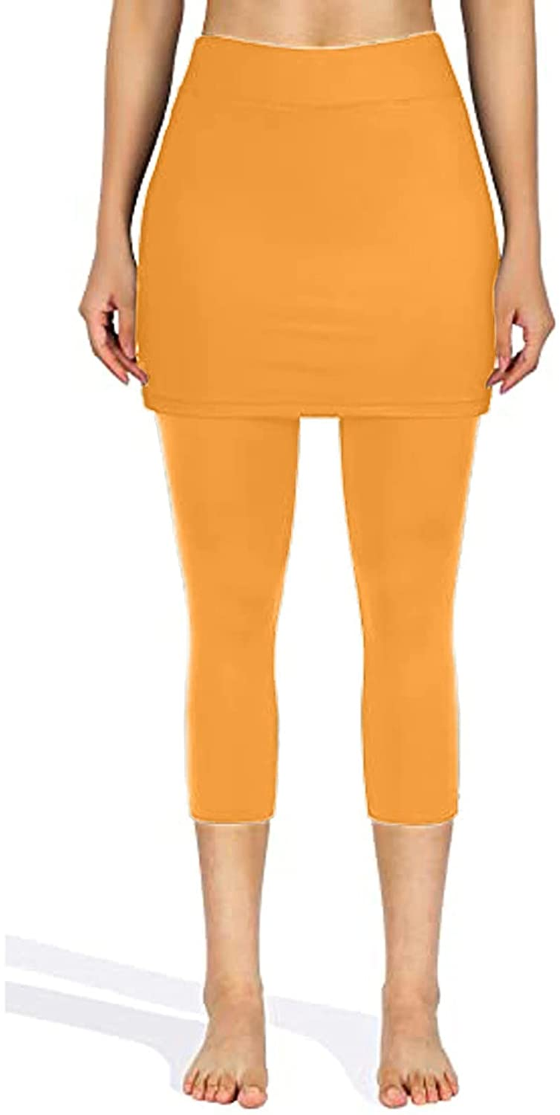 Burband Womens Skirted Leggings Capri Skirt Yoga Active Tights Pants Golf Tennis Workout Skort Sport Leggings with Pockets Apparel & Accessories > Clothing > Underwear & Socks > Shapewear Burband Yellow Small 