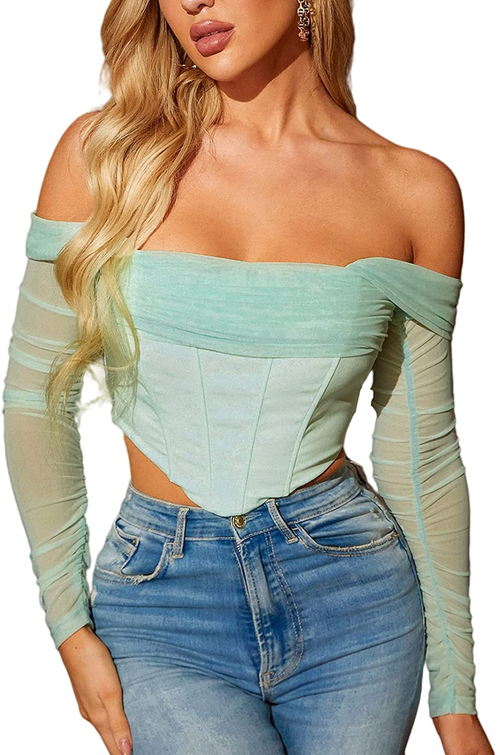 Mesh Sheer Long Sleeve Corset Crop Top Ruched off Shoulder Blouse Push up Party Boned Bustier for Cute Women Trendy Apparel & Accessories > Clothing > Underwear & Socks > Lingerie Parthea Mint 4-6 