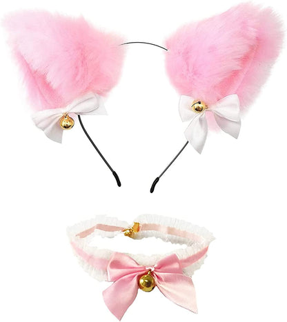 Faylay Cosplay Girl Plush Furry Cat Ears Headwear Accessory for Cam Girl Party Apparel & Accessories > Clothing Accessories > Headwear Faylay 18pink&necklace  